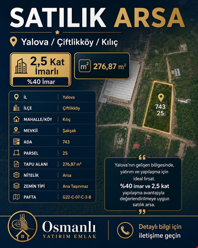 Yalova Çiftlikköy Kılıç'ta %40 İmarlı 2,5 Kat 276,87 m² Satılık Arsa