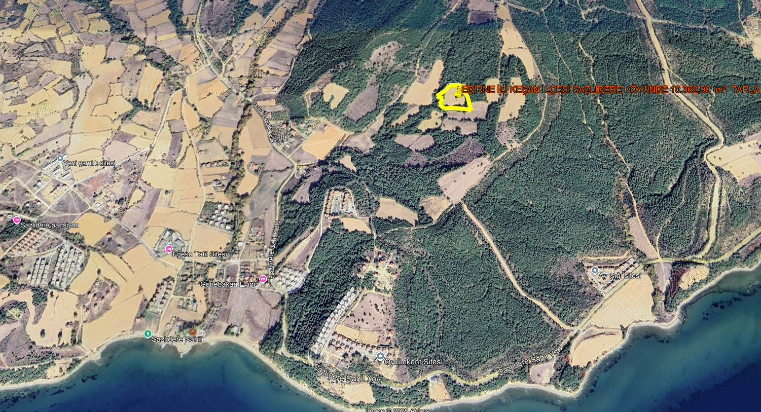 EDİRNE İLİ KEŞAN İLÇESİ SAZLIDERE KÖYÜNDE 10.362,90  m² DENİZE 800 METRE MESAFEDE TARLA