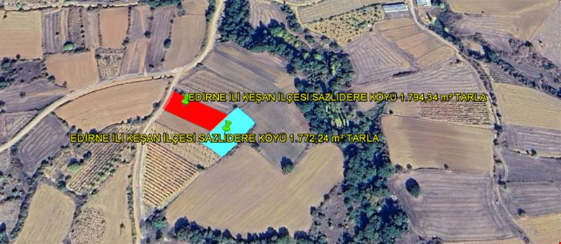 EDİRNE İLİ KEŞAN İLÇESİ SAZLIDERE KÖYÜ İKİ PARSEL TOPlAMI 3.566,58 m² TARLA