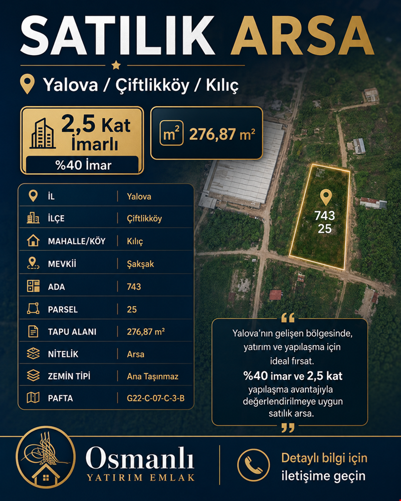 Yalova Çiftlikköy Kılıç'ta %40 İmarlı 2,5 Kat 276,87 m² Satılık Arsa